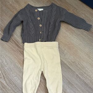 Gray Cable Knit Cardigan and Cream Pants Set